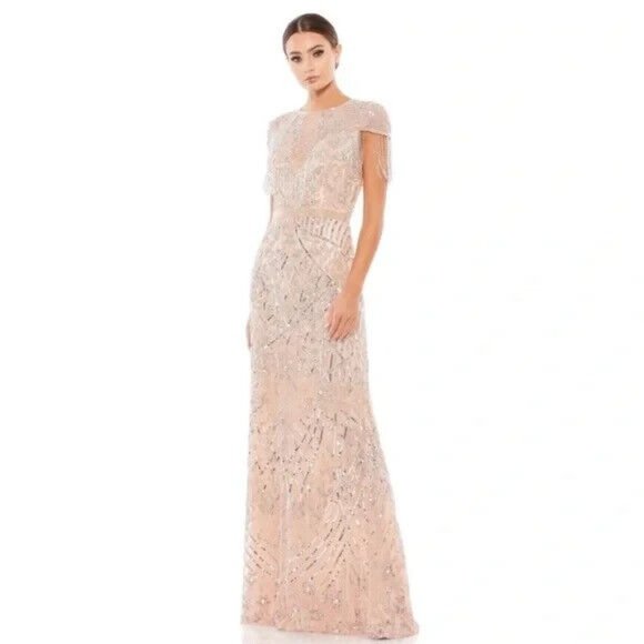 Mac Duggal Dress 4715 Embellished Fringe Cap Sleeve Trumpet Gown - Picture 1 of 16